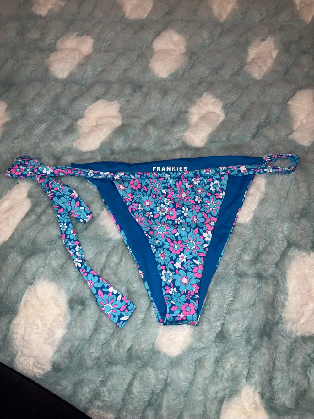 FRANKIES BIKINIS Floral Tie-Side Bikini Bottom — Blue with Pink Flowers